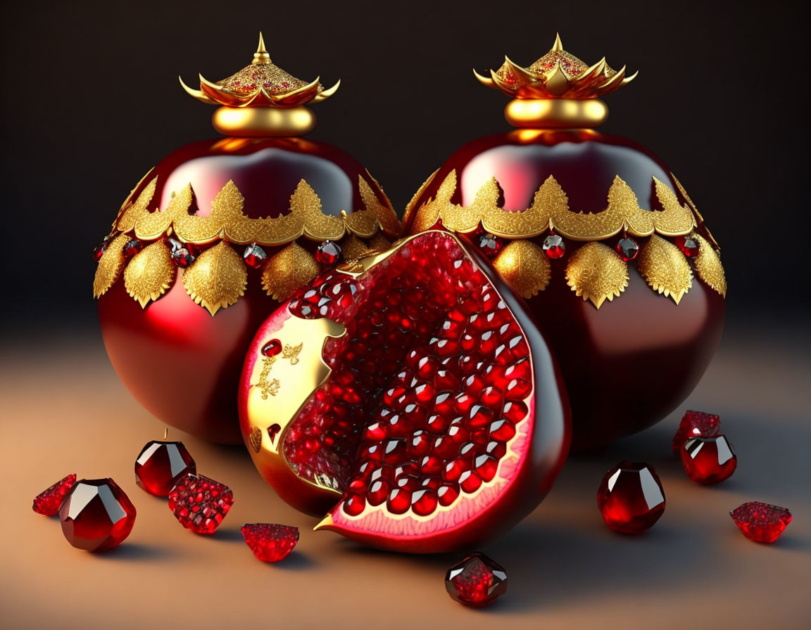 Ornate Crown-Topped Pomegranates on Dark Background