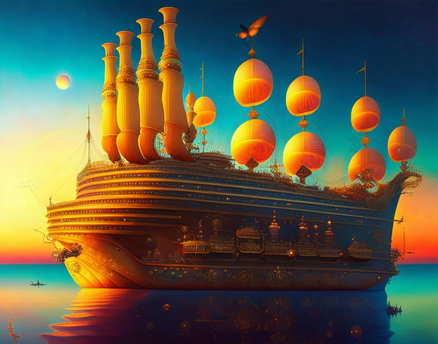 Fantastical ship with golden lantern-like sails on calm sea at sunset