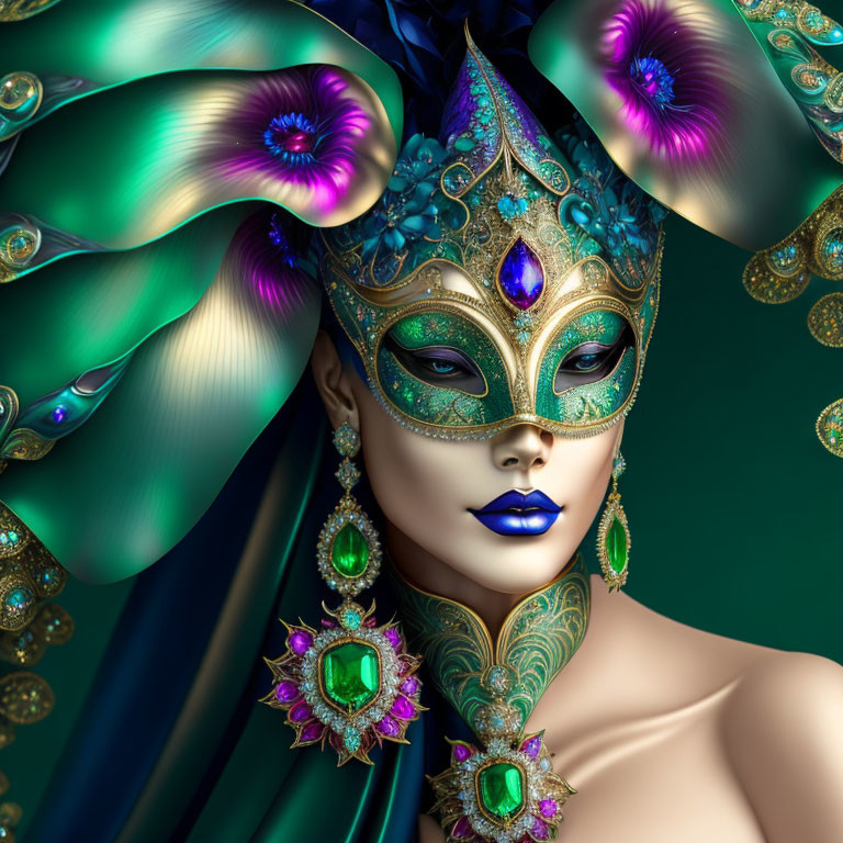 Extravagant masquerade mask with peacock feathers and jewels on a woman's face