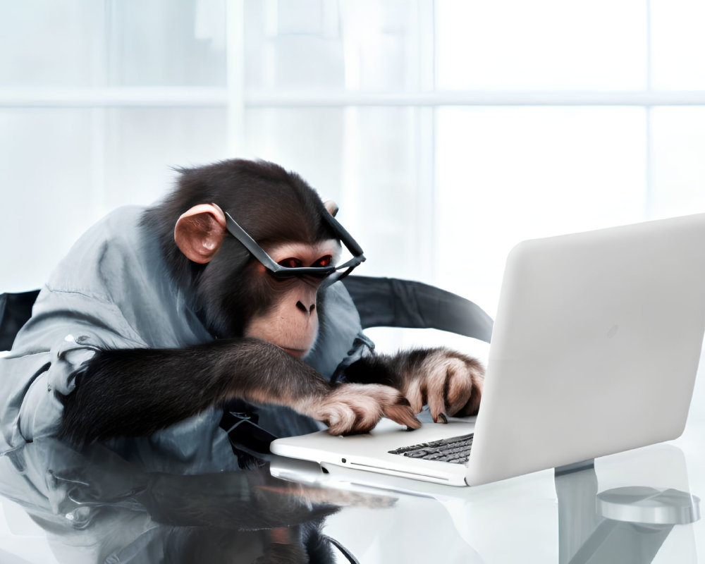 Chimpanzee in Shirt and Glasses Typing on Laptop at Table