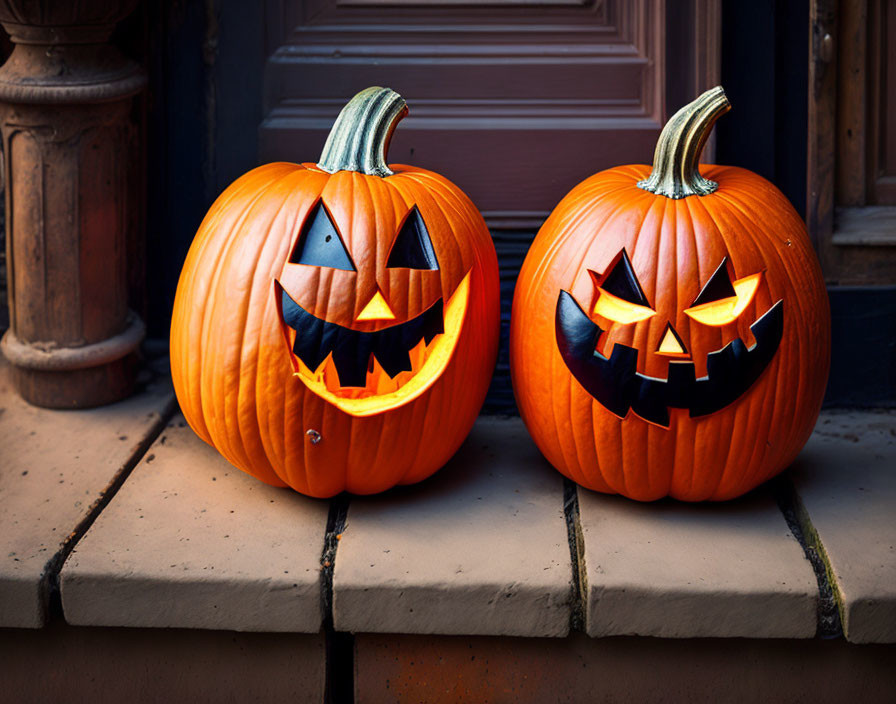 Carved Jack-o'-lanterns with Glowing Faces for Halloween