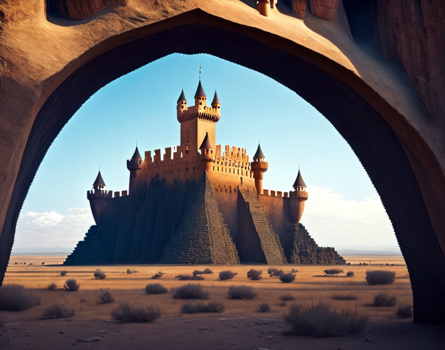 Majestic castle in desert landscape with natural archway