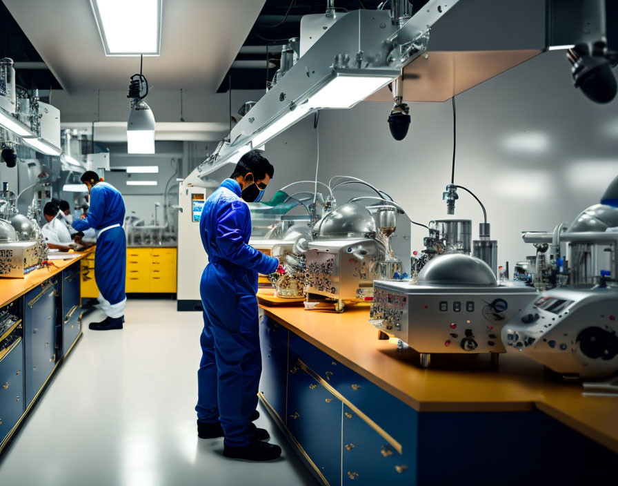 Modern laboratory with scientists and advanced instruments under bright lights