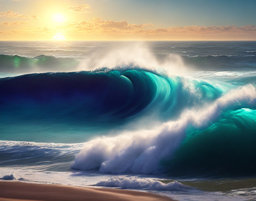 Vibrant sunset ocean wave breaking in colorful sky