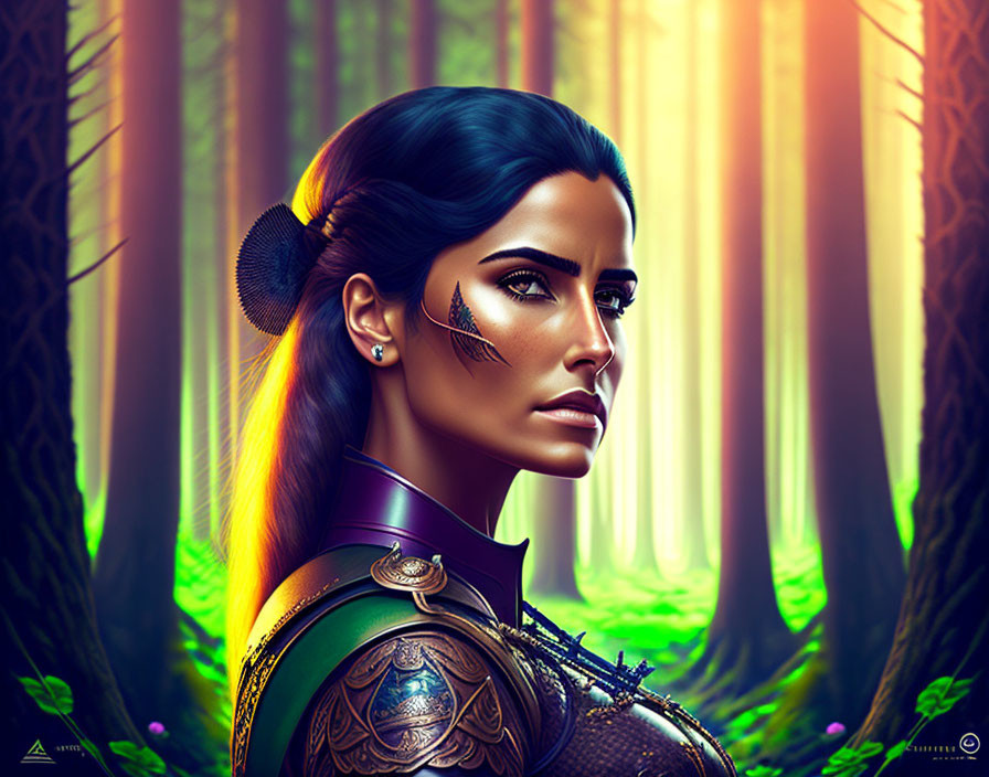 Dark-haired female warrior in detailed armor with tribal face markings, illuminated by green light in a forest.