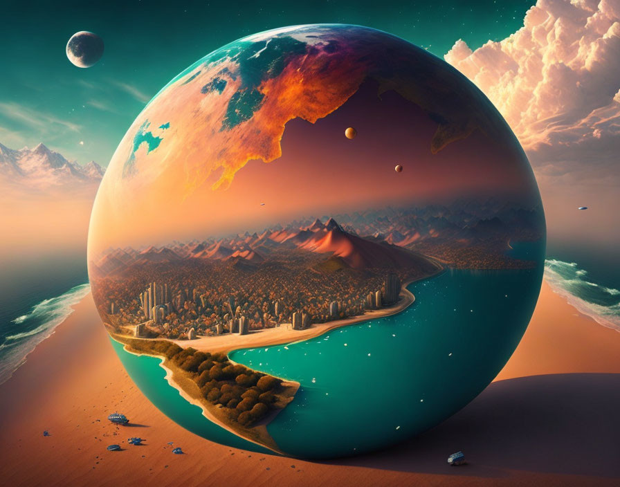 Miniature Earth with cities, forests, and mountains in surreal cosmic scene