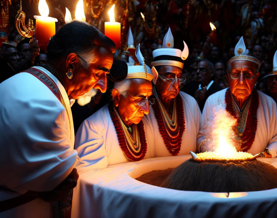 Elderly people in cultural attire performing ritual with candles in warm setting