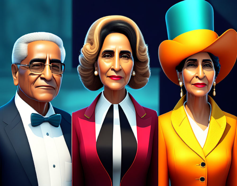 Colorful Stylized Cartoon Characters: Elderly Women and Man in Formal Attire