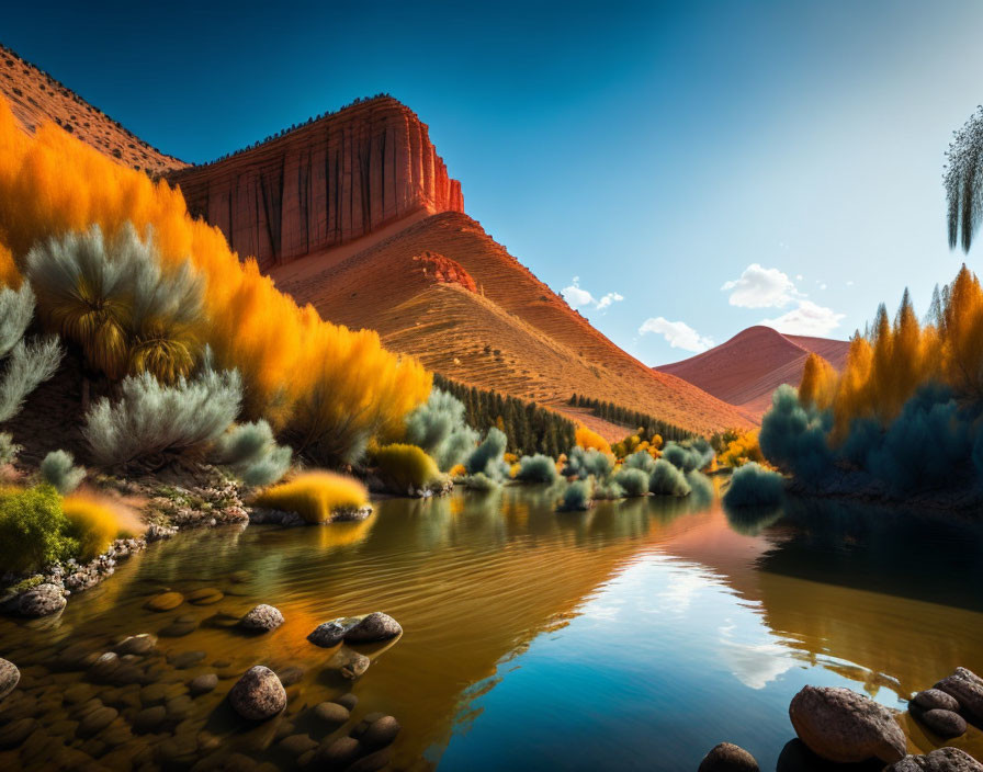 Tranquil river with colorful foliage and red rock formations