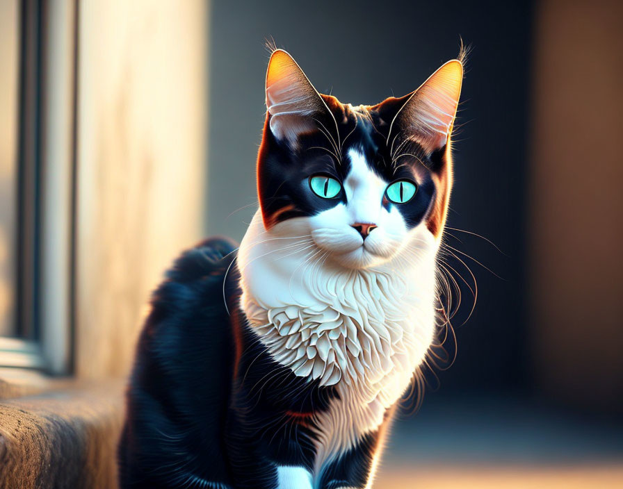 Calico Cat with Bright Blue Eyes and Fluffy Ruff in Sunlight