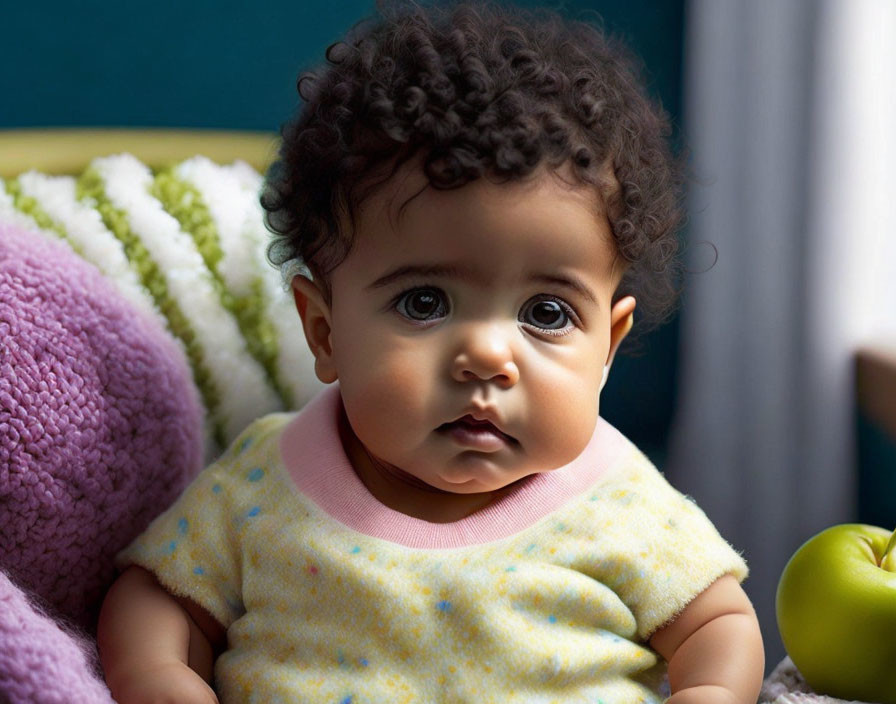 Curious baby with big brown eyes and curly hair beside a green apple and colorful cushions in yellow top