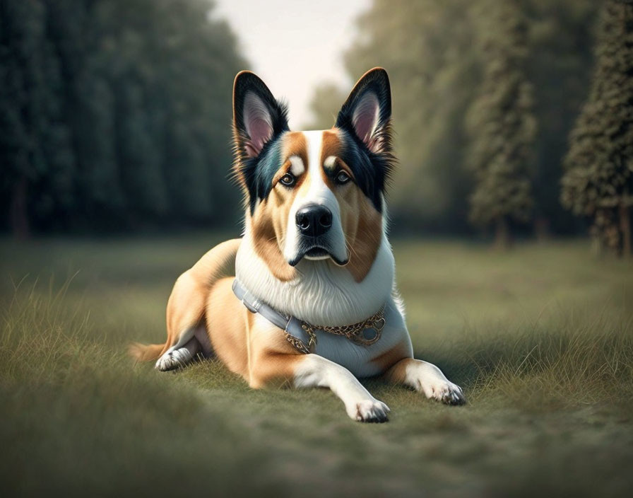 Tricolor dog with pointed ears in grassy field with collar