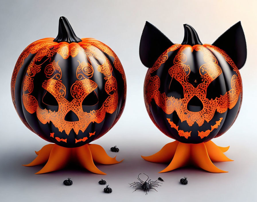 Stylized Halloween pumpkins with unique carvings and decorations.