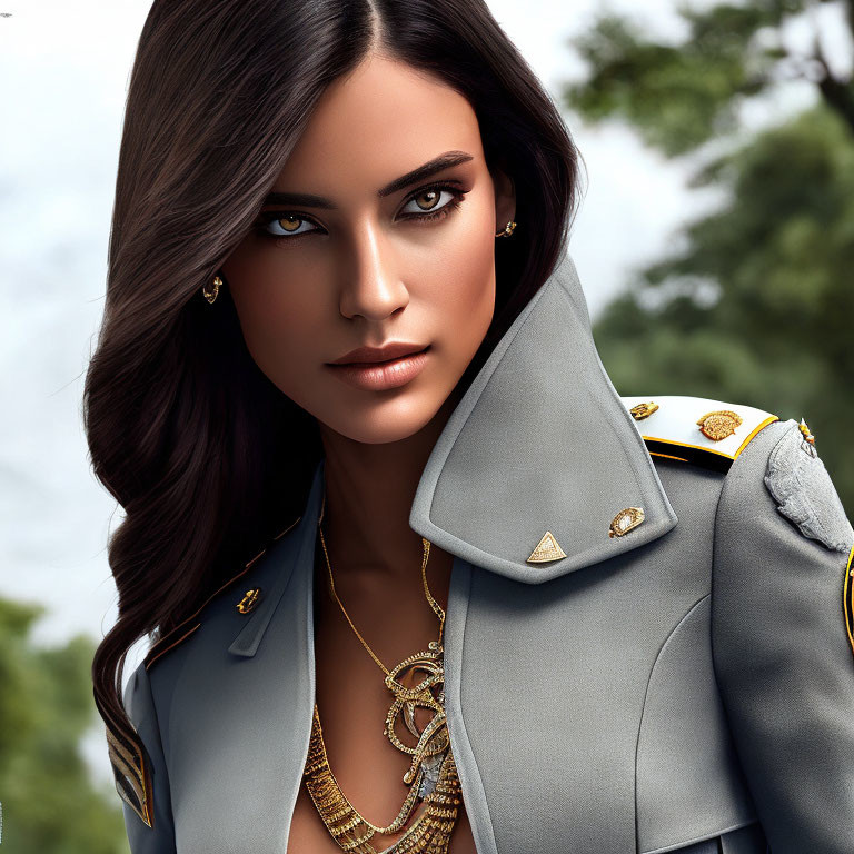 Digital artwork: Woman with dark hair, embellished military-style jacket, gold accessories