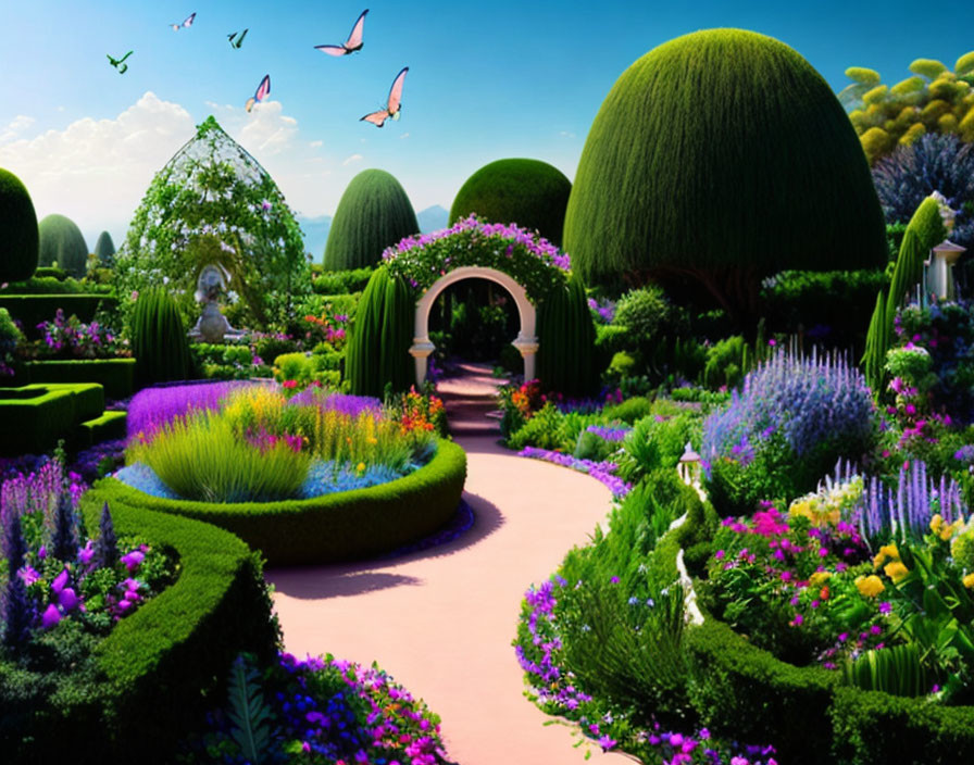 Manicured garden with colorful flowers, butterflies, and classical statue