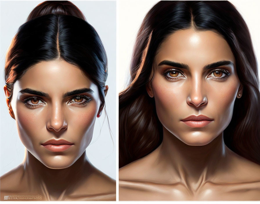 Woman's digital artwork: before & after lighting and makeup effects