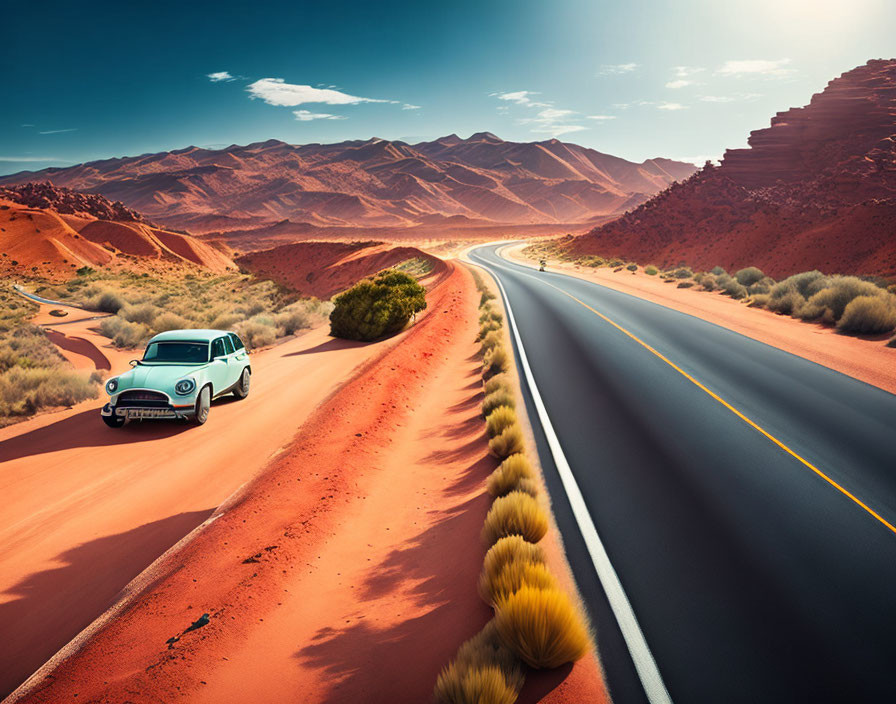 Classic Car Driving Through Desert Red Sand Dunes