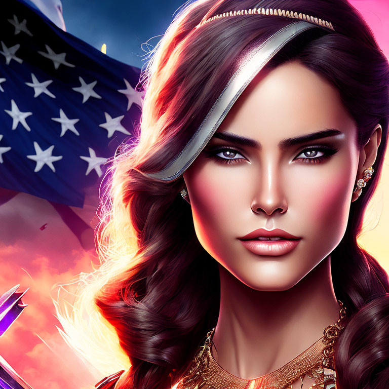 Woman with Superhero Vibe: Striking Makeup, Flowing Hair, American Flag Backdrop