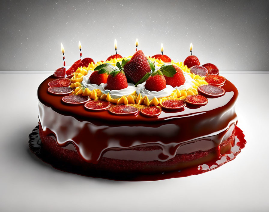 Birthday cake with chocolate glaze, strawberries, citrus, cream, and candles