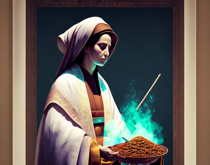 Digitally altered classic painting: Nun with spicy street food pan.