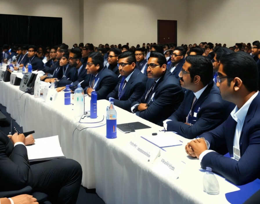 Men in Suits Seated at Conference with Name Tags and Water Bottles