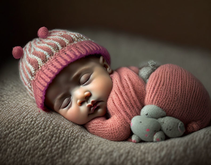 Sleeping baby in pink hat cuddles grey plush toy on beige blanket