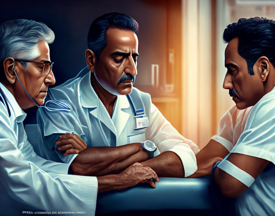 Two solemn doctors in white coats discussing in dimly lit room