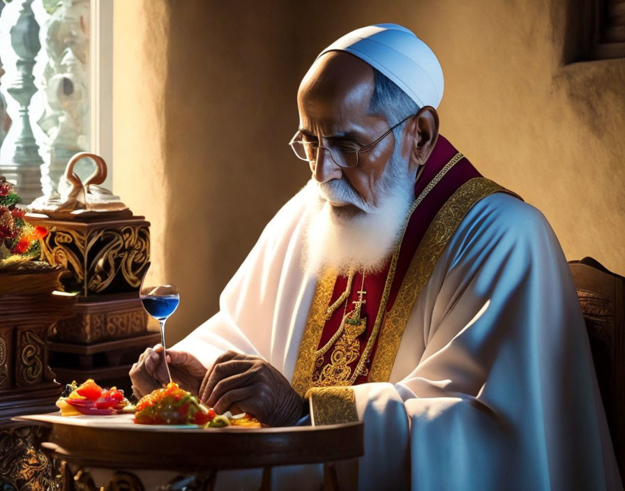 Elderly religious figure with chalice and fruits in warmly lit room