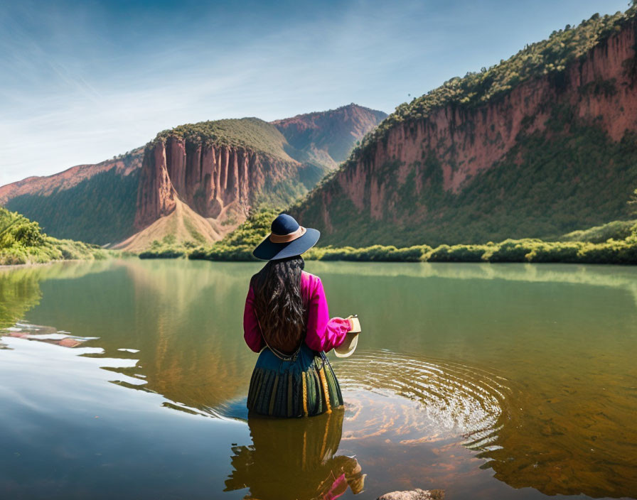 Person in vibrant clothing gazes at red cliffs and lake.