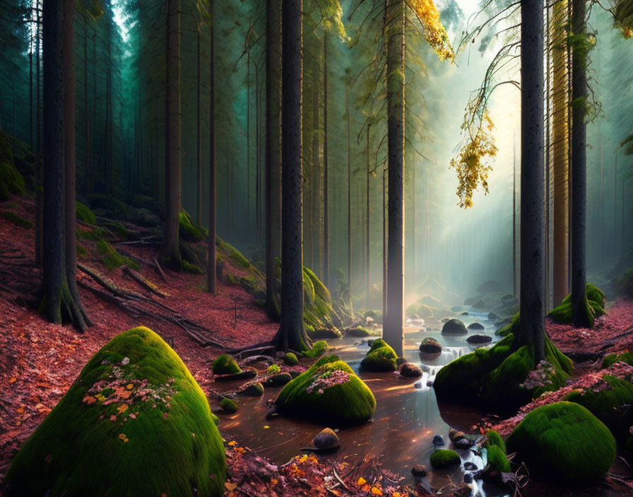 Tranquil forest scene with sunbeams, stream, and moss-covered boulders