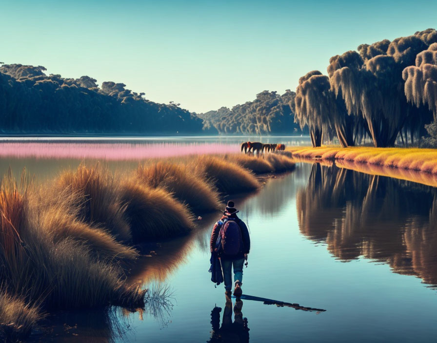 Tranquil Scene: Person Walking by Serene Lake