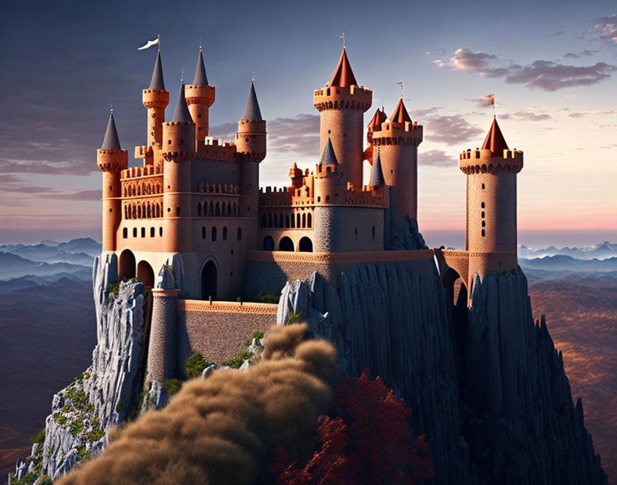 Majestic castle on cliff at sunset with lush forests, mountain horizon