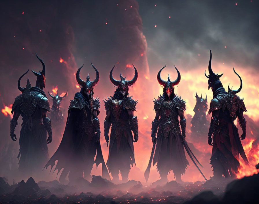 Five horned, armored figures in fiery apocalyptic setting