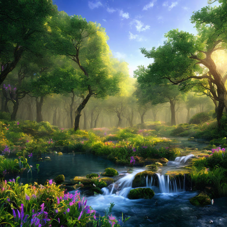 Tranquil forest landscape with waterfall, creek, and colorful flowers