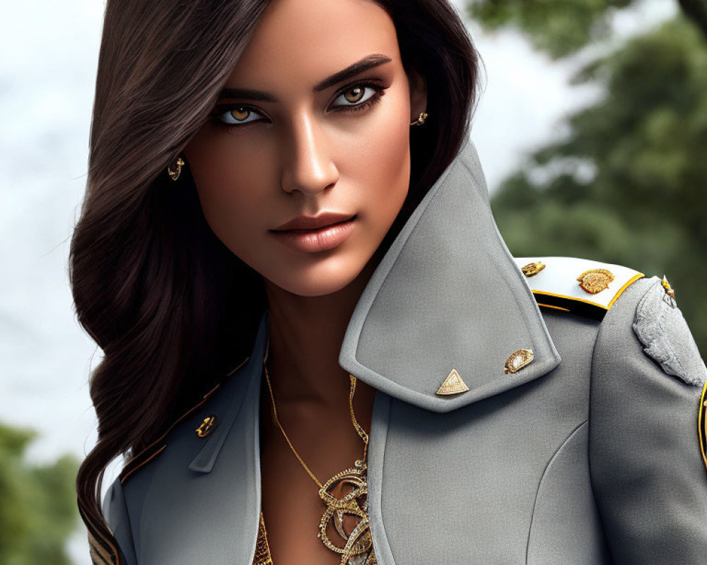 Digital artwork: Woman with dark hair, embellished military-style jacket, gold accessories