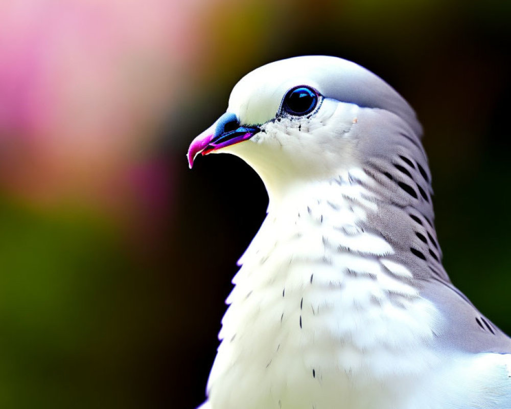 Gray feathered pigeon with pink beak against bokeh background