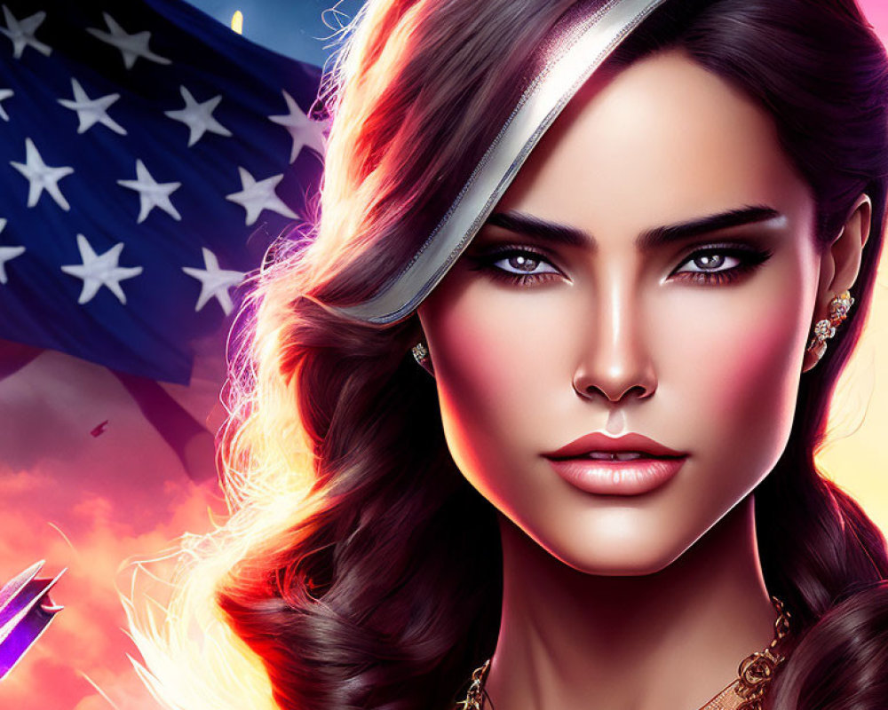 Woman with Superhero Vibe: Striking Makeup, Flowing Hair, American Flag Backdrop