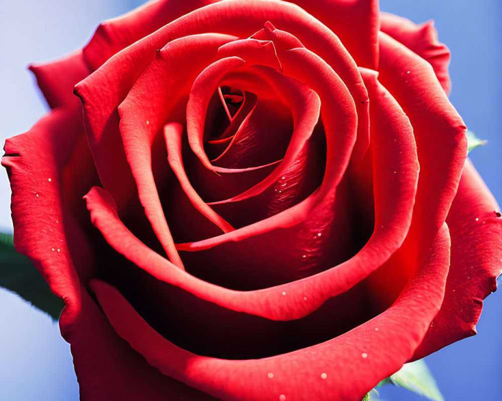 Vibrant Red Rose Close-Up with Soft Petals and Blurred Blue Background