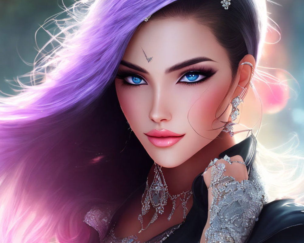 Vibrant purple hair and silver jewelry on woman in digital art portrait