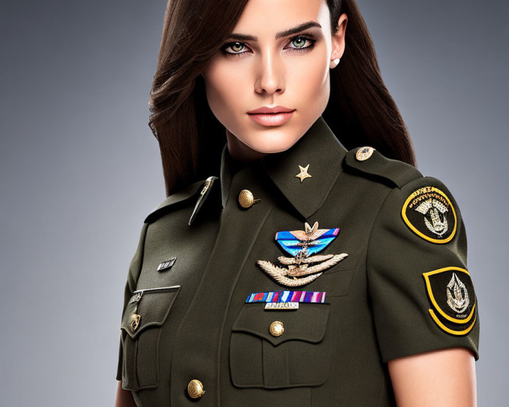 Woman in Military Uniform with Dark Hair and Blue Eyes on Grey Background