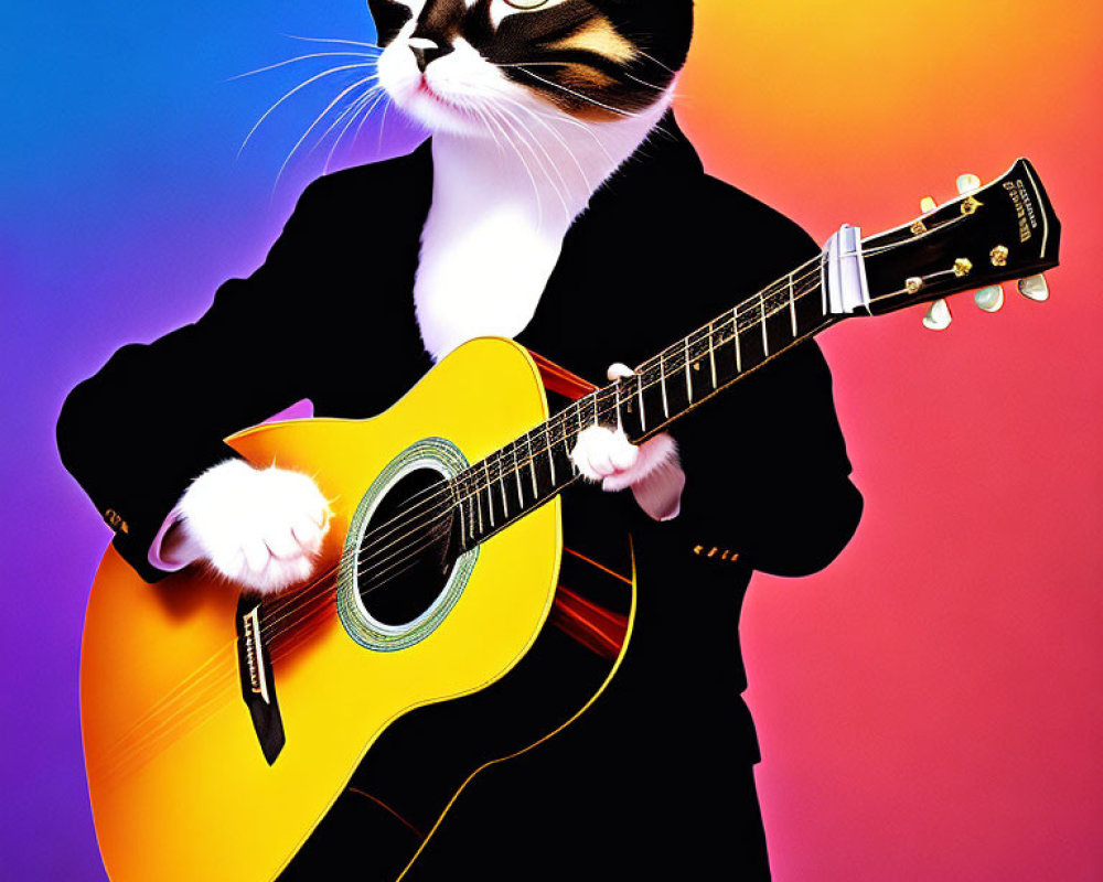 Cartoon Cat in Black Suit Playing Yellow Guitar on Colorful Background