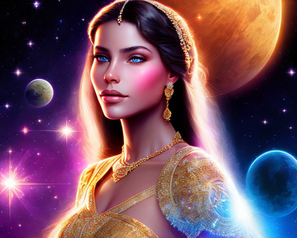 Stylized portrait of a woman with blue eyes and gold jewelry in cosmic setting