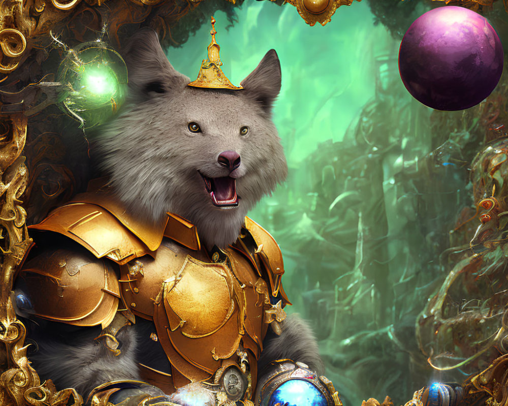 Golden-armored anthropomorphic wolf in ornate frame with magical orbs on green backdrop