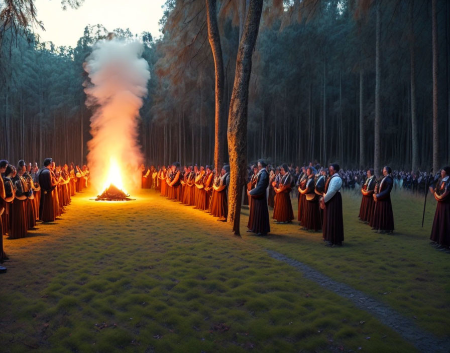 Traditional Attire Group Around Bonfire in Forest at Dusk