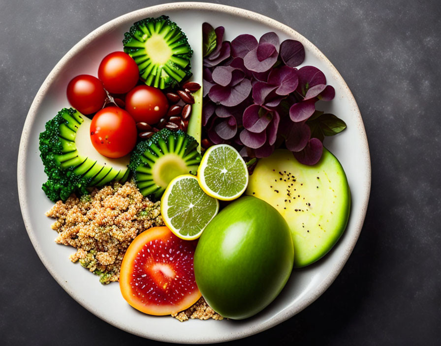 Vibrant assortment of healthy foods on dark plate