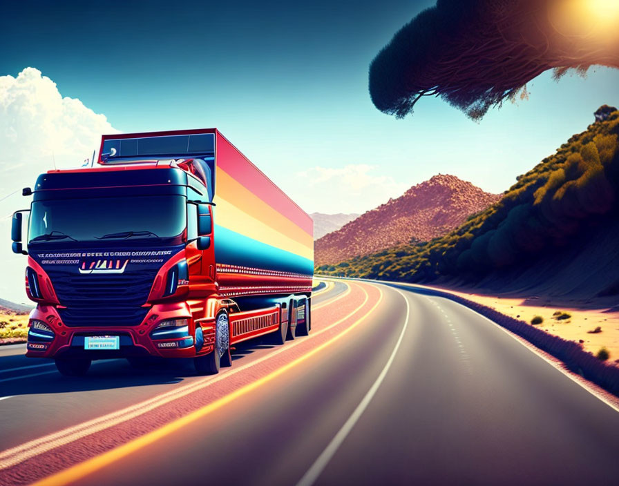 Vibrant red truck on desert highway with multicolored streak and oversized dandelion seed head