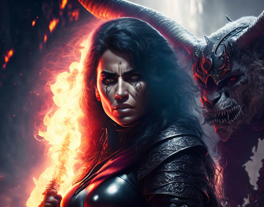 Warrior woman with fiery sword and horned creature in mystical setting