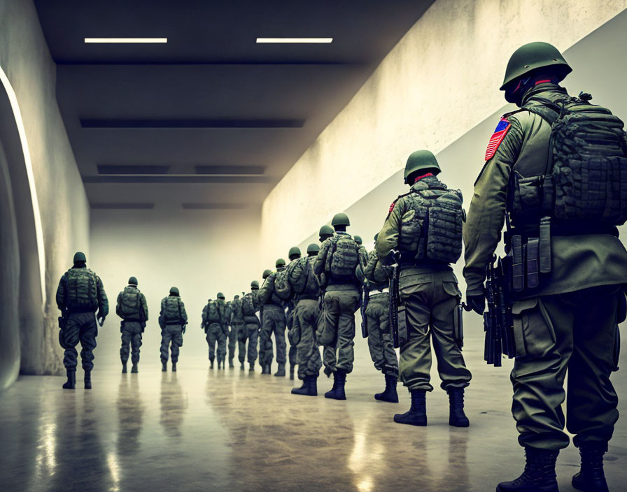 Uniformed soldiers with American flags walking in modern hallway