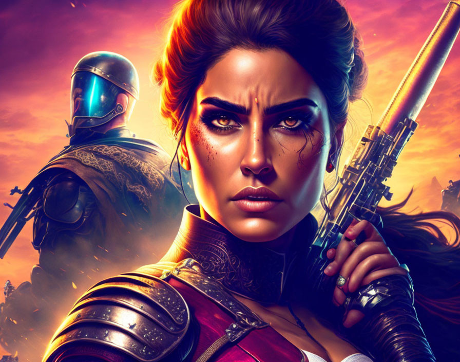 Digital Artwork: Fierce Woman with Gun and Mandalorian Man in Sci-Fi Setting