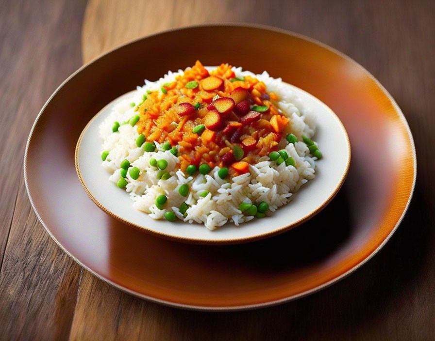 White rice with green peas, spicy red sauce, and sausage slices on wooden table